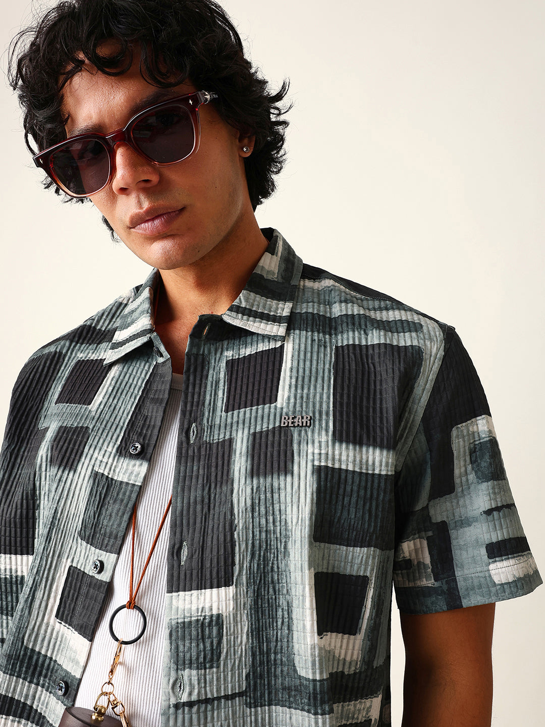 Green & Black Abstract Geometric Printed Relaxed Fit Casual Shirt
