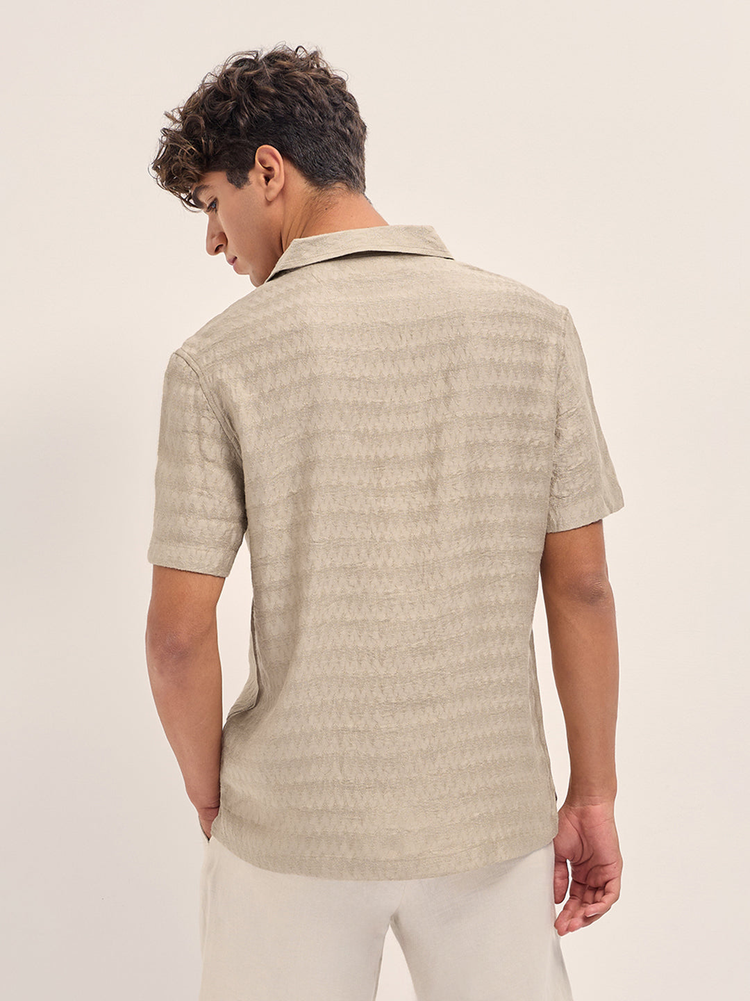 Beige Zigzag Textured Weave Relaxed Fit Half Sleeve Casual Shirt