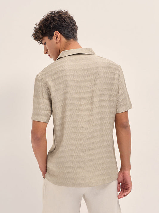 Beige Zigzag Textured Weave Relaxed Fit Half Sleeve Casual Shirt