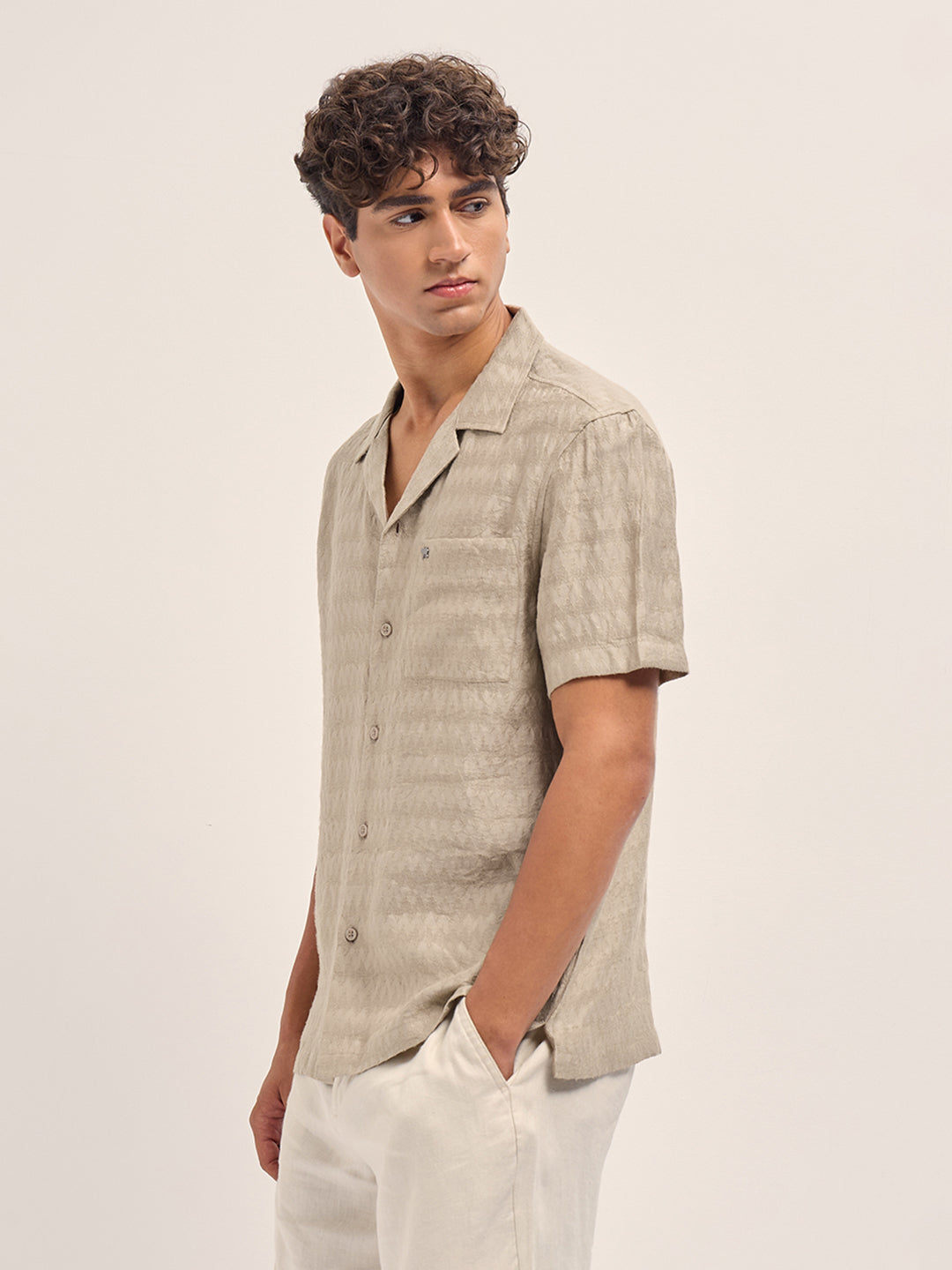 Beige Zigzag Textured Weave Relaxed Fit Half Sleeve Casual Shirt