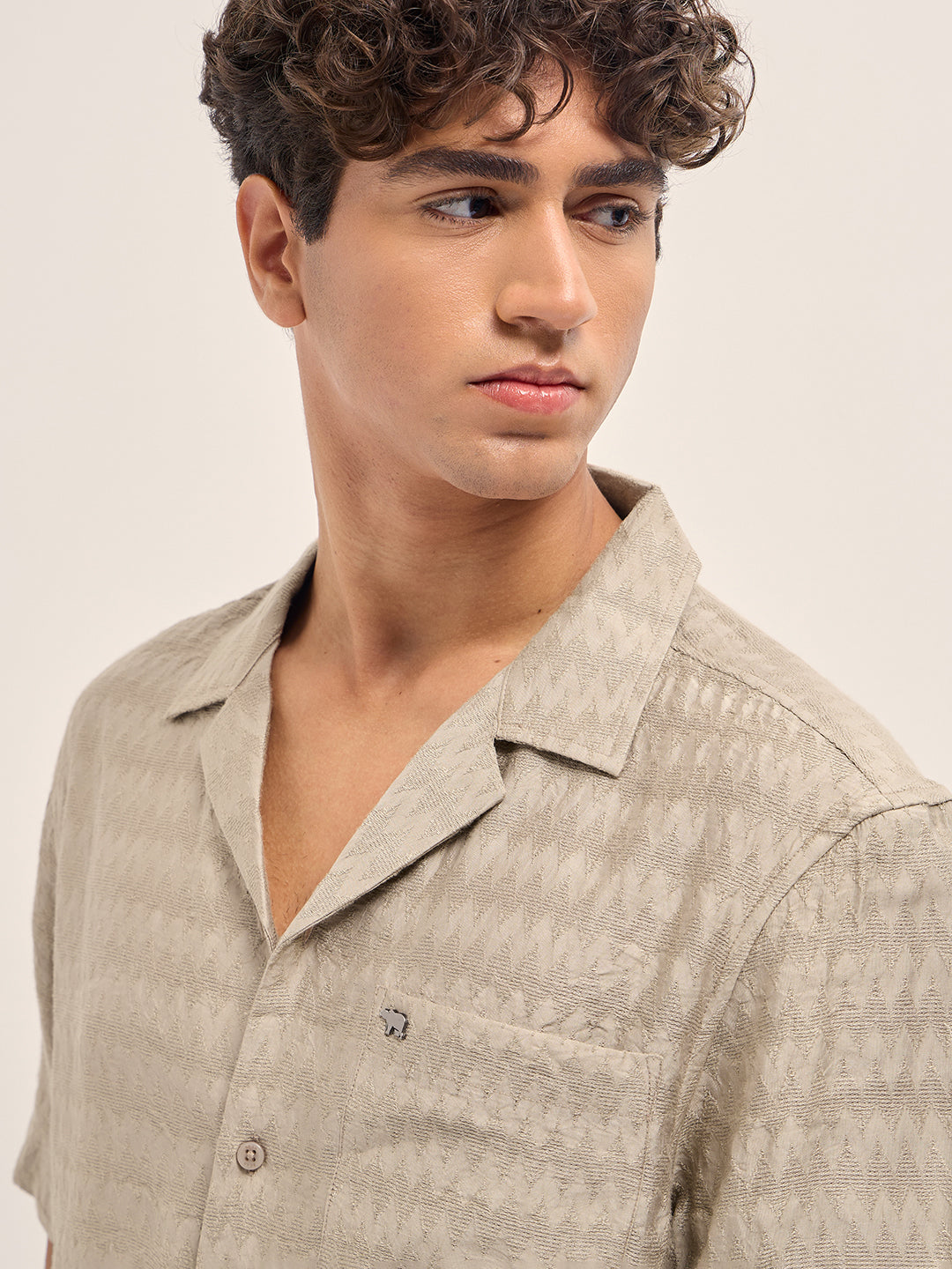 Beige Zigzag Textured Weave Relaxed Fit Half Sleeve Casual Shirt