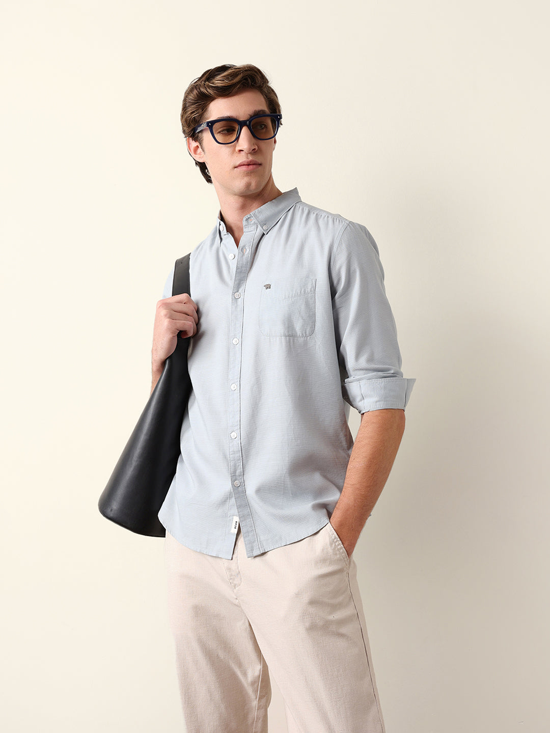 Light Blue Woven Textured Solid Slim Fit Casual Shirt