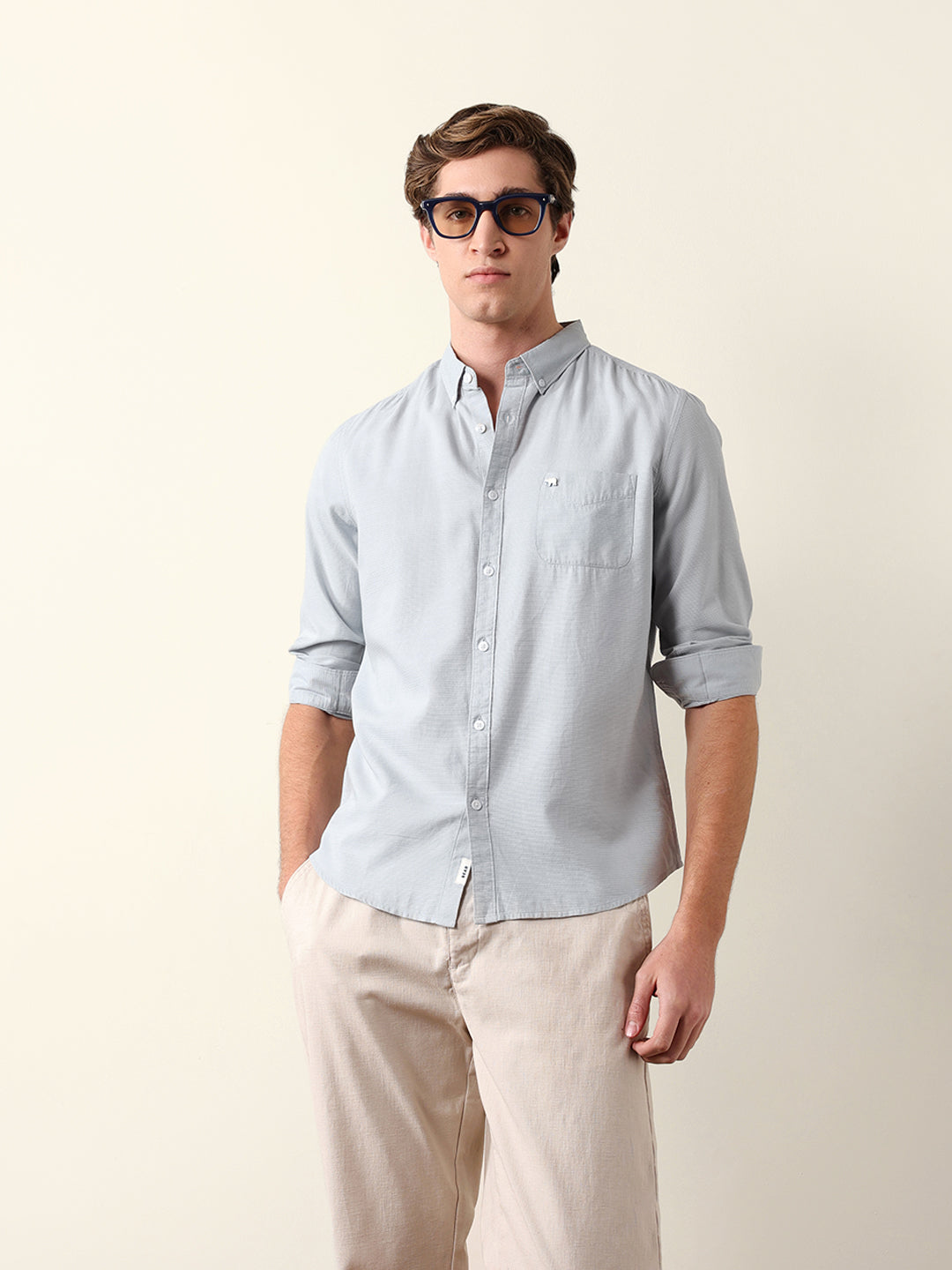 Light Blue Woven Textured Solid Slim Fit Casual Shirt