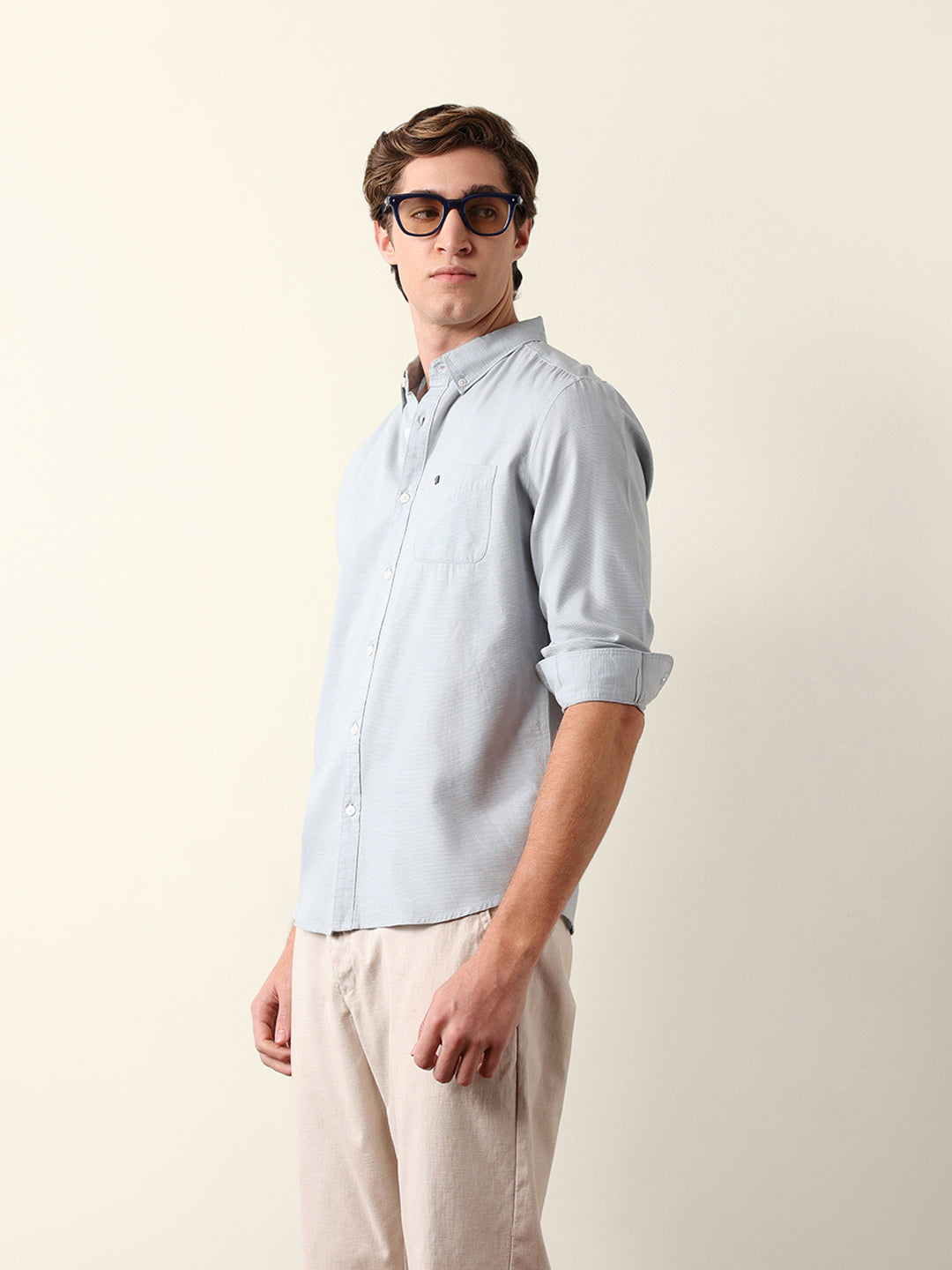 Light Blue Woven Textured Solid Slim Fit Casual Shirt