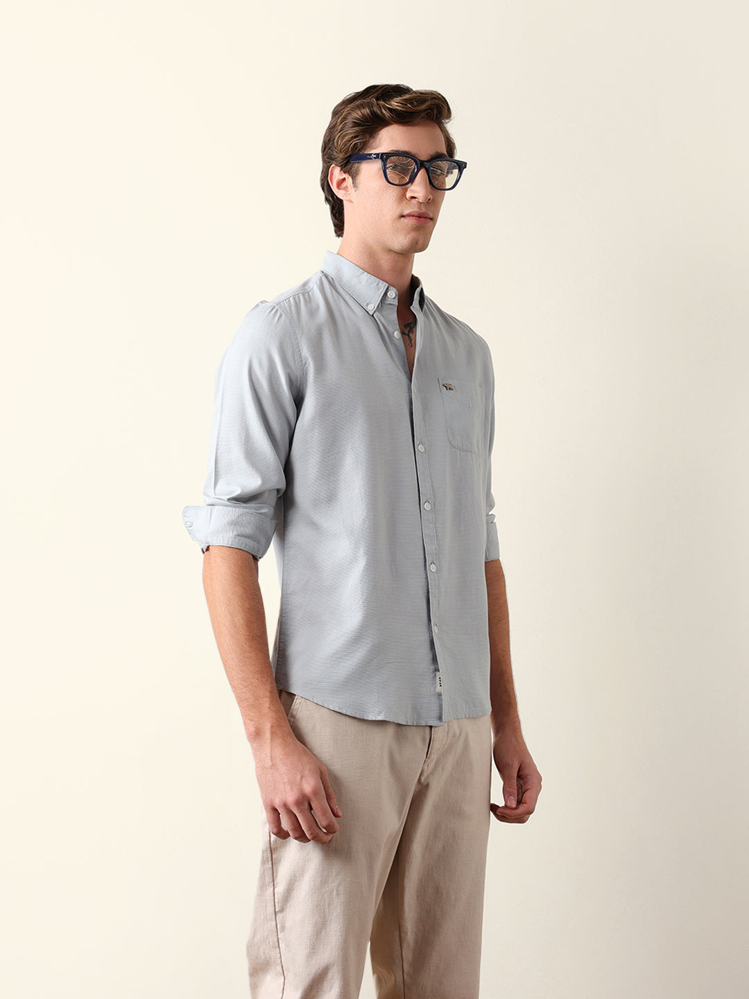 Light Blue Woven Textured Solid Slim Fit Casual Shirt