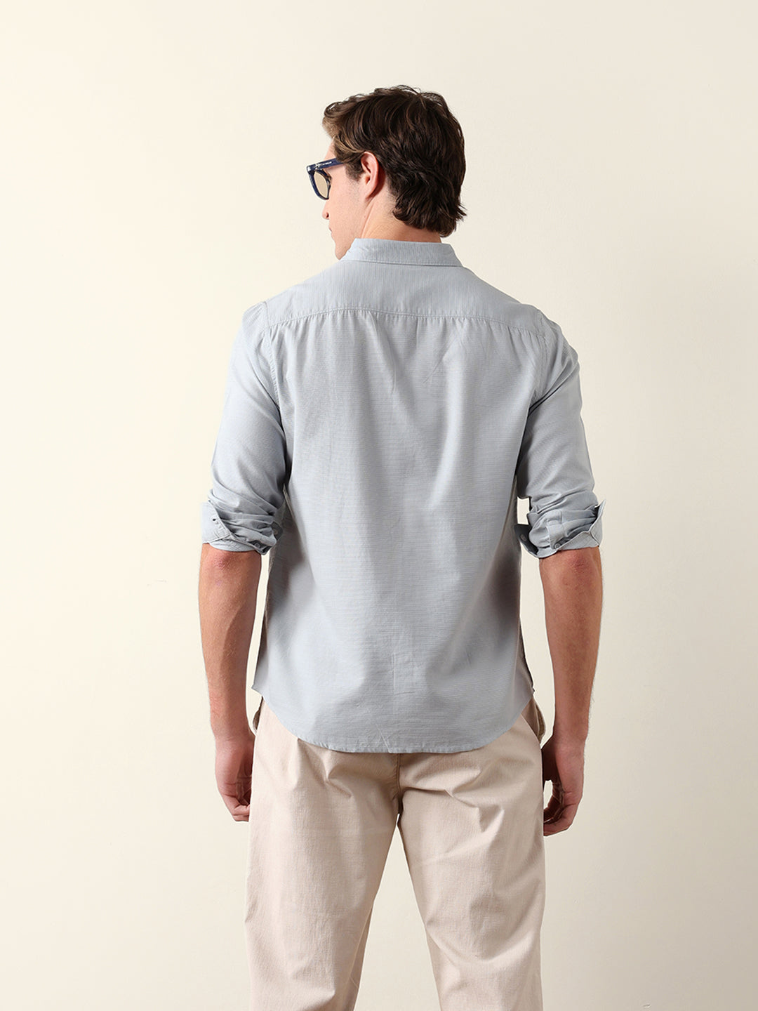 Light Blue Woven Textured Solid Slim Fit Casual Shirt