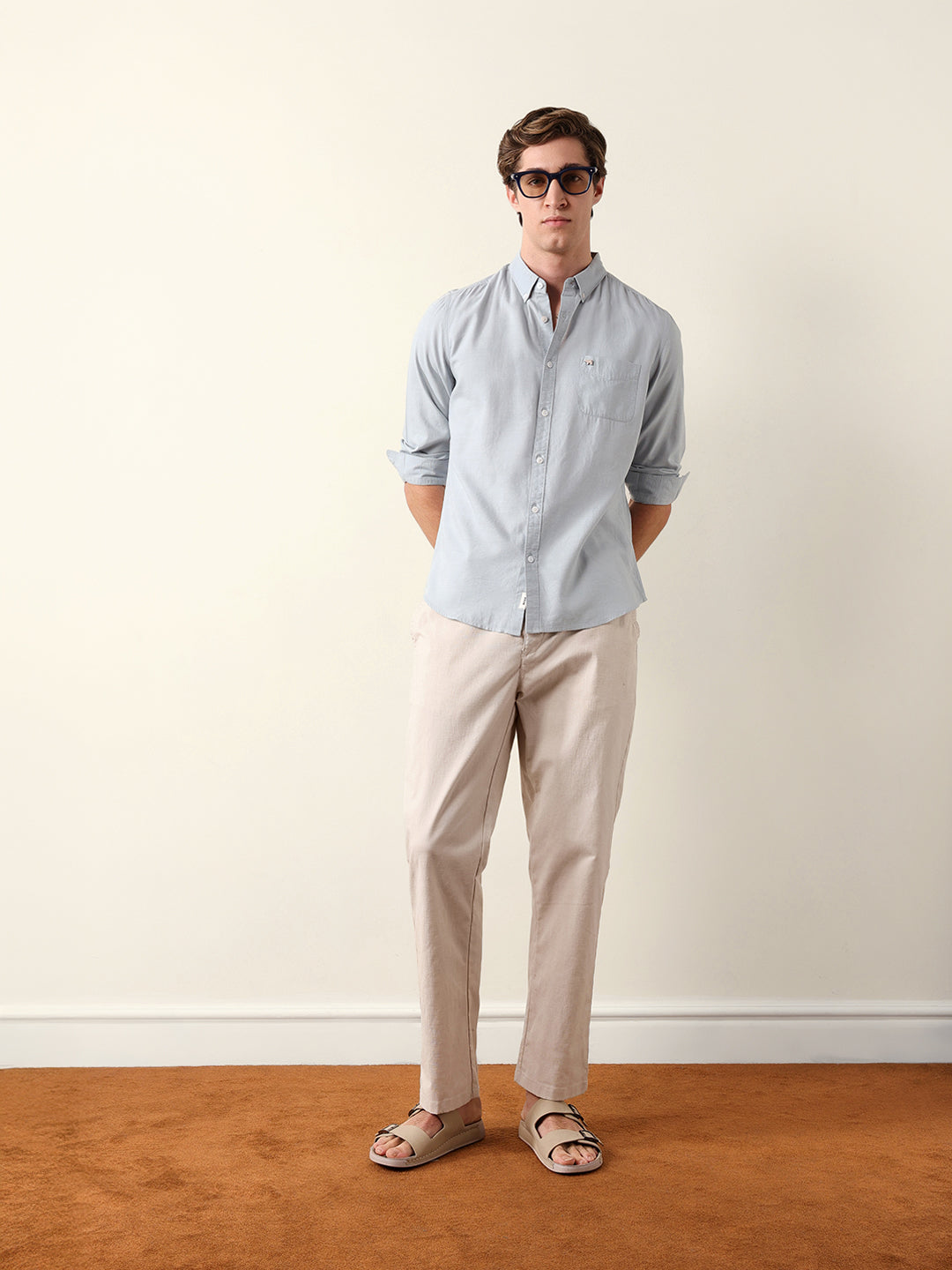 Light Blue Woven Textured Solid Slim Fit Casual Shirt