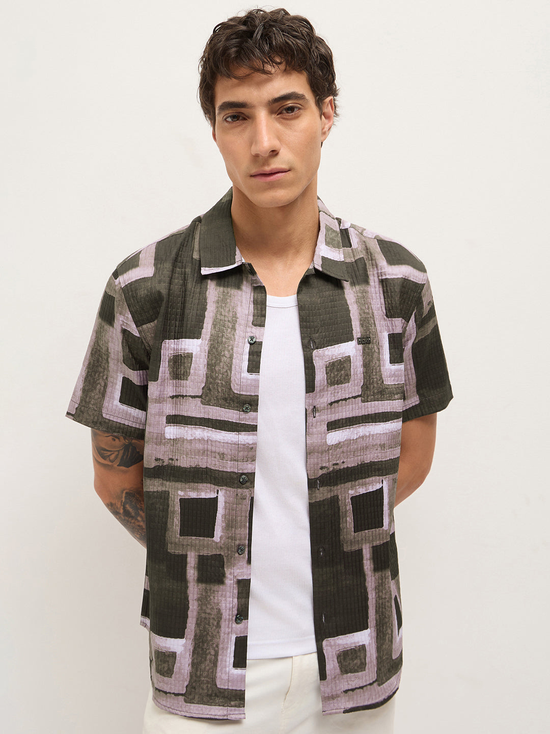 Multicolor Textured Check Geometric Digital Print Relaxed Fit Casual Shirt