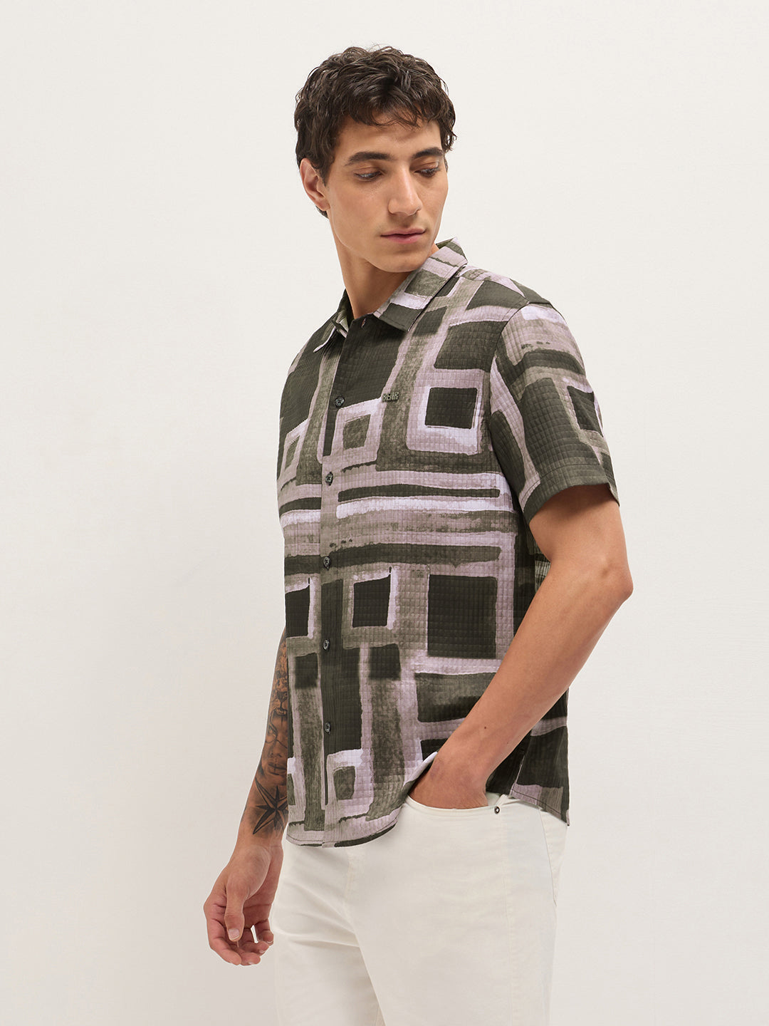 Multicolor Textured Check Geometric Digital Print Relaxed Fit Casual Shirt