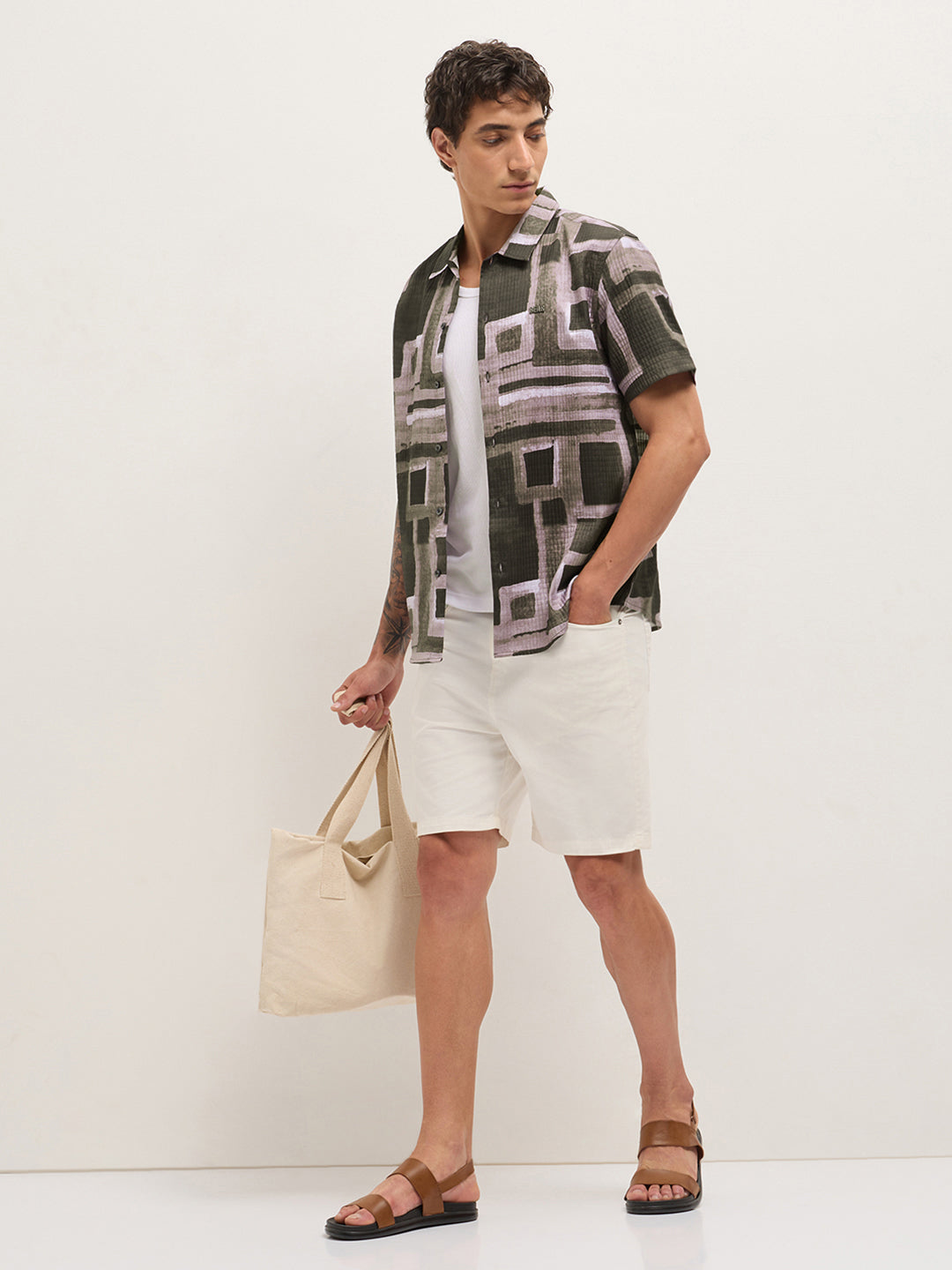 Multicolor Textured Check Geometric Digital Print Relaxed Fit Casual Shirt