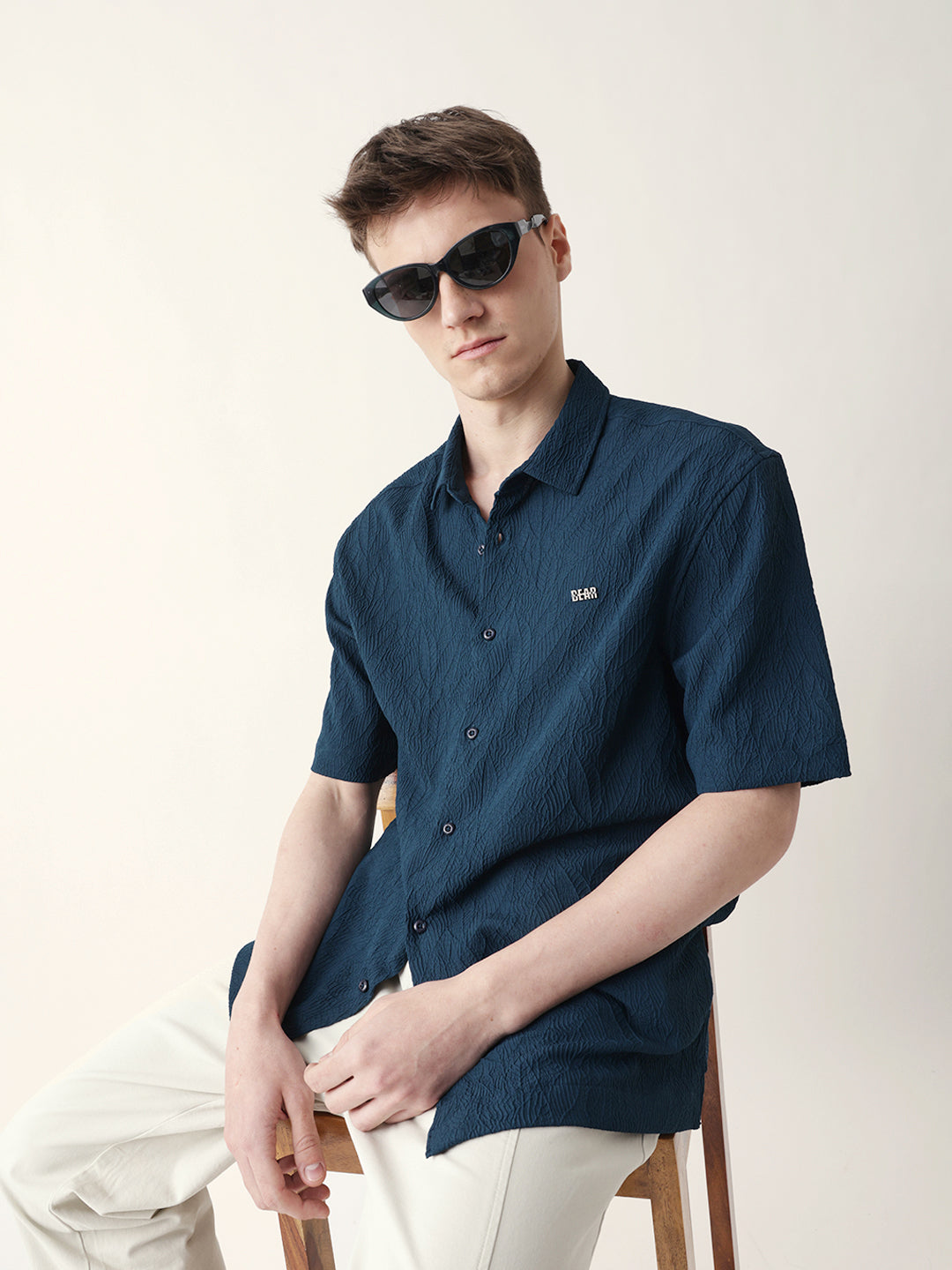 Dark Teal All-Over Textured Leaf Motif Oversized Shirt with Half Sleeves