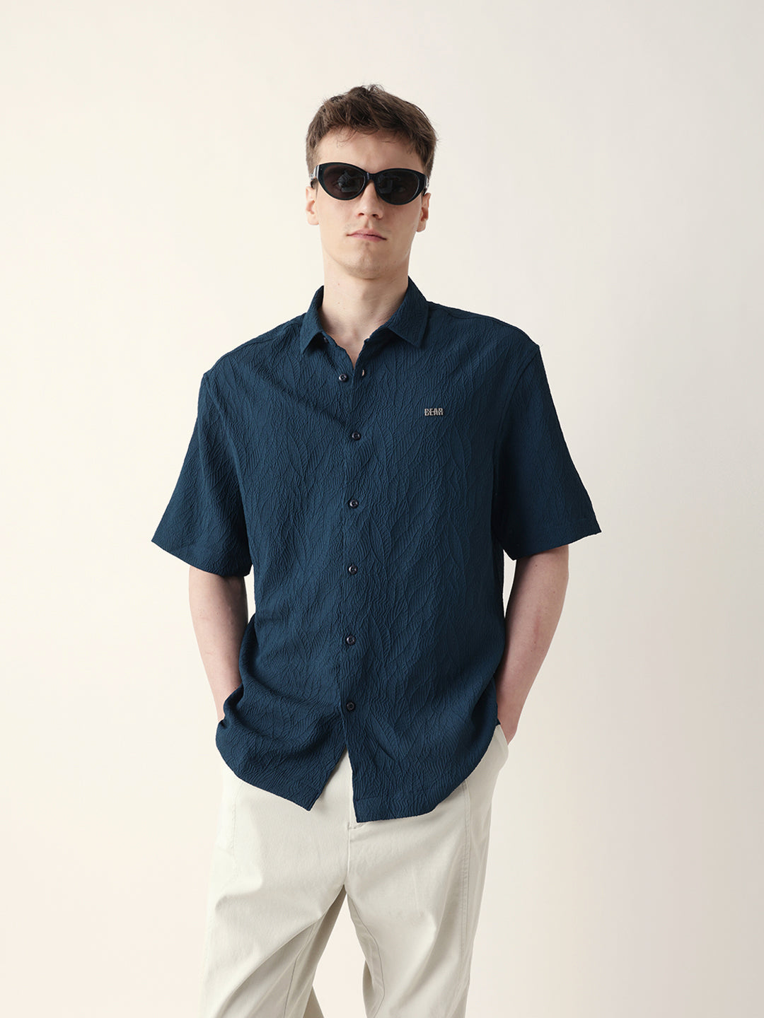 Dark Teal All-Over Textured Leaf Motif Oversized Shirt with Half Sleeves