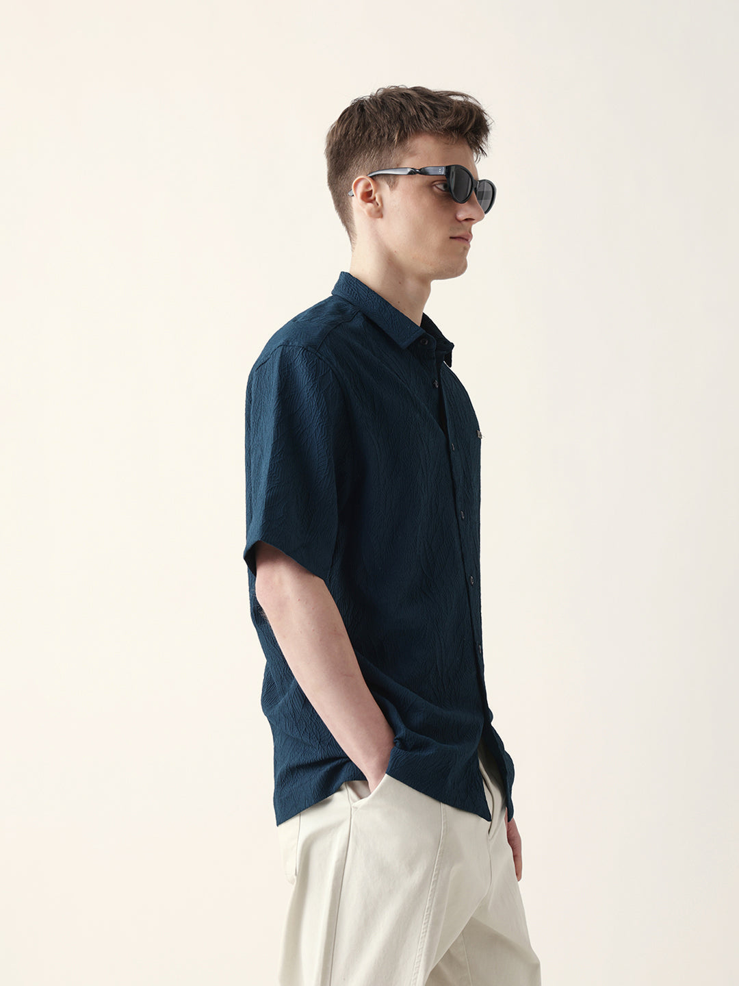 Dark Teal All-Over Textured Leaf Motif Oversized Shirt with Half Sleeves