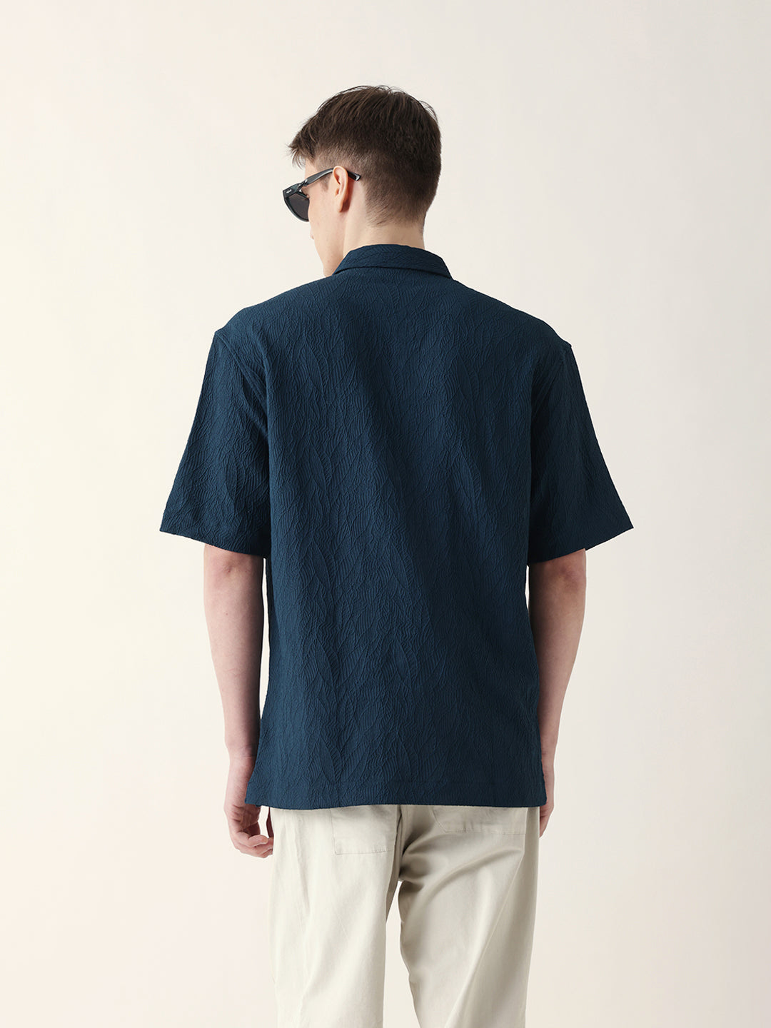 Dark Teal All-Over Textured Leaf Motif Oversized Shirt with Half Sleeves