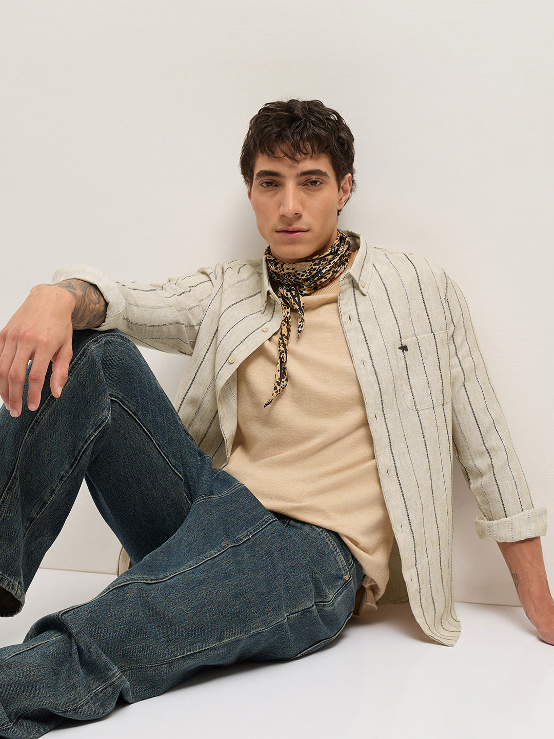 Beige Woven Vertical Stripes Slim Fit Casual Shirt