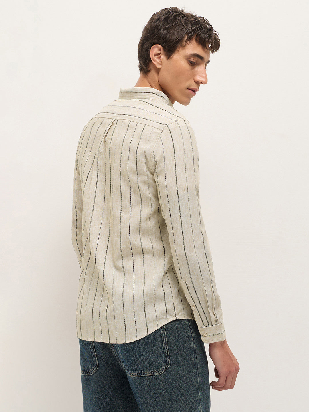 Beige Woven Vertical Stripes Slim Fit Casual Shirt