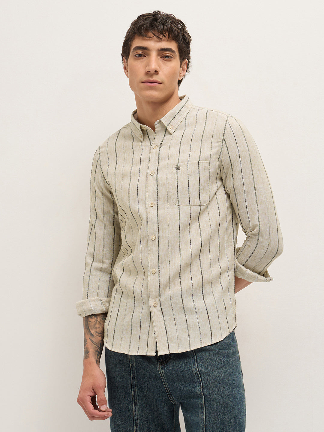 Beige Woven Vertical Stripes Slim Fit Casual Shirt