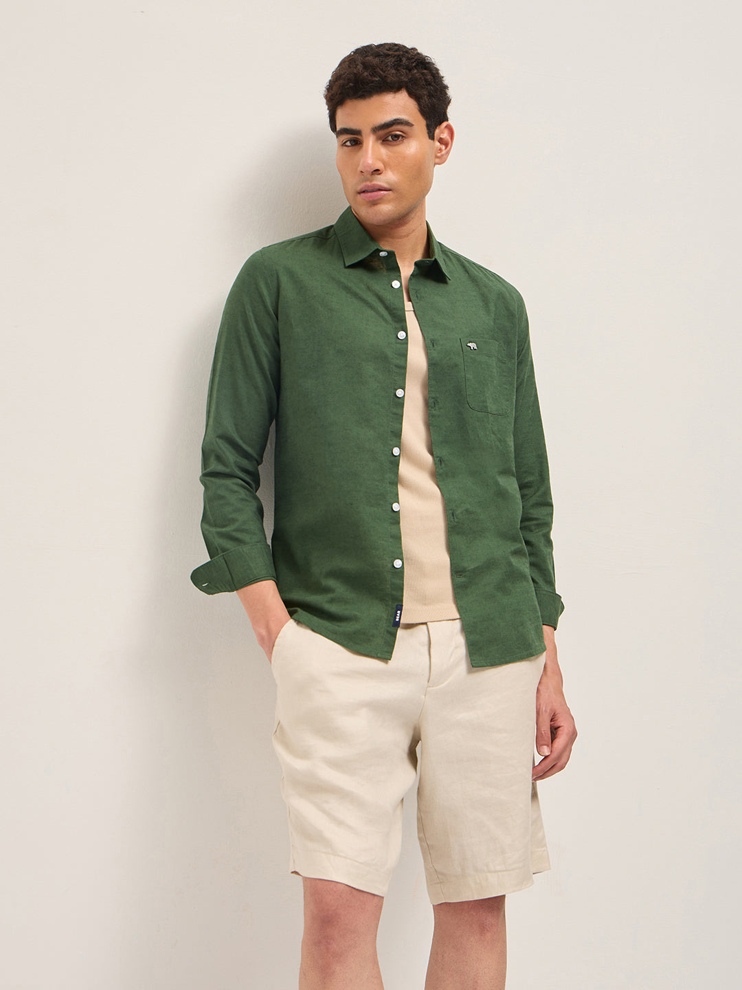 Green Cotton Linen Slim Fit Solid Casual Shirt