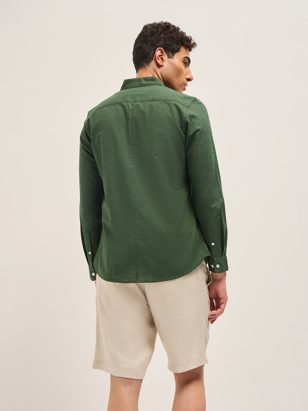 Green Cotton Linen Slim Fit Solid Casual Shirt