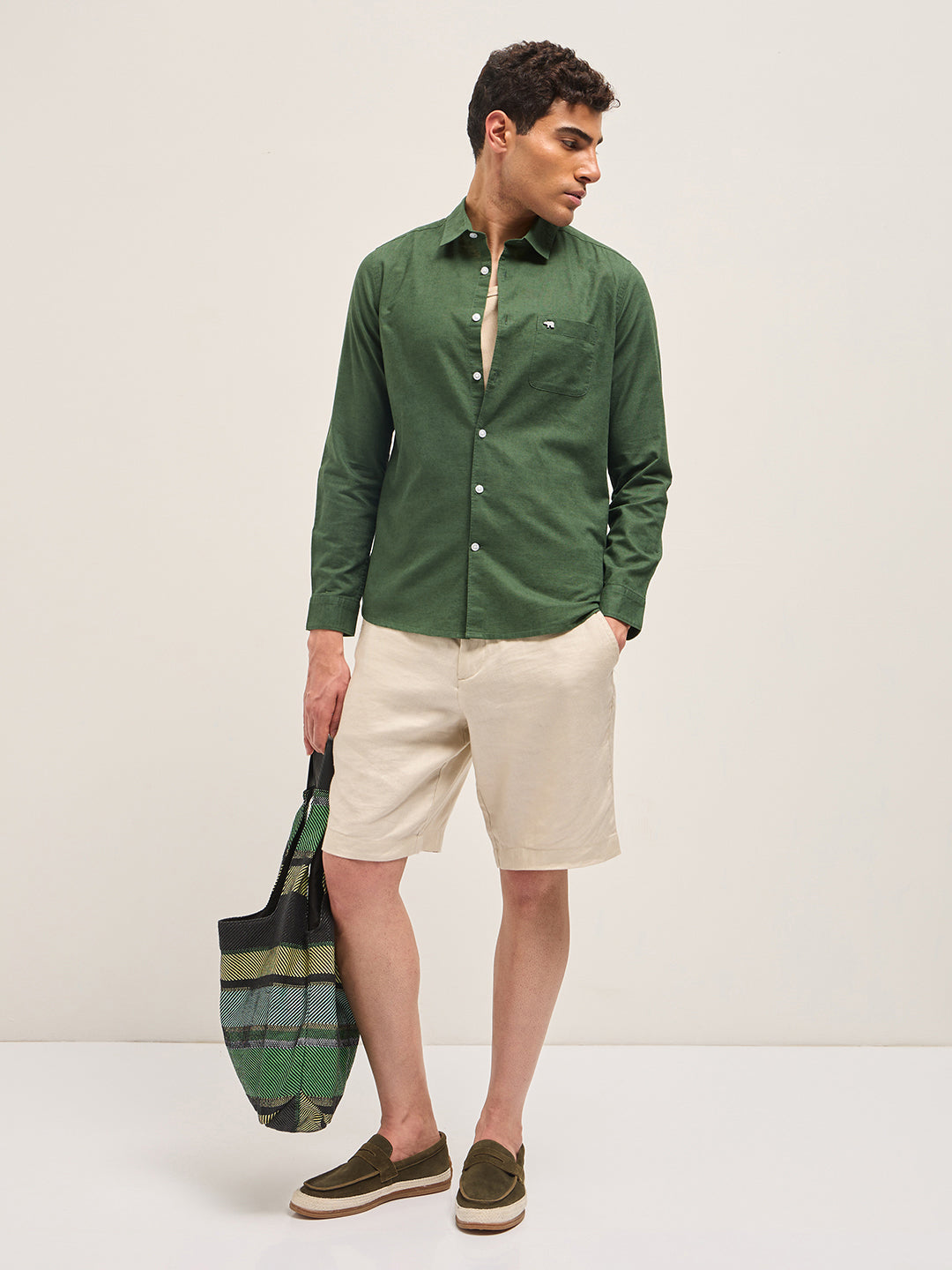 Green Cotton Linen Slim Fit Solid Casual Shirt
