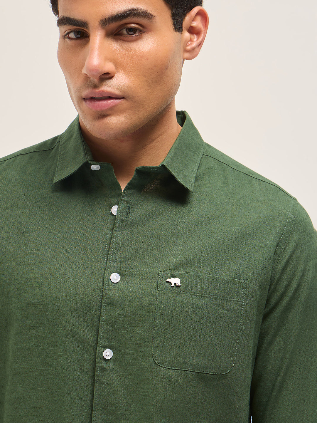 Green Cotton Linen Slim Fit Solid Casual Shirt