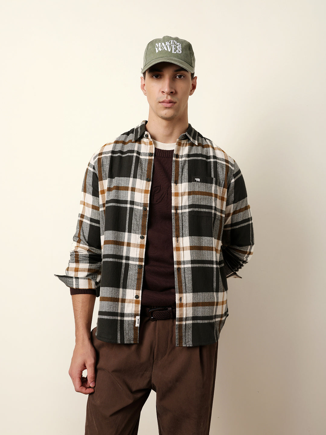 Multicolor Herringbone Flannel Checked Regular Fit Casual Shirt