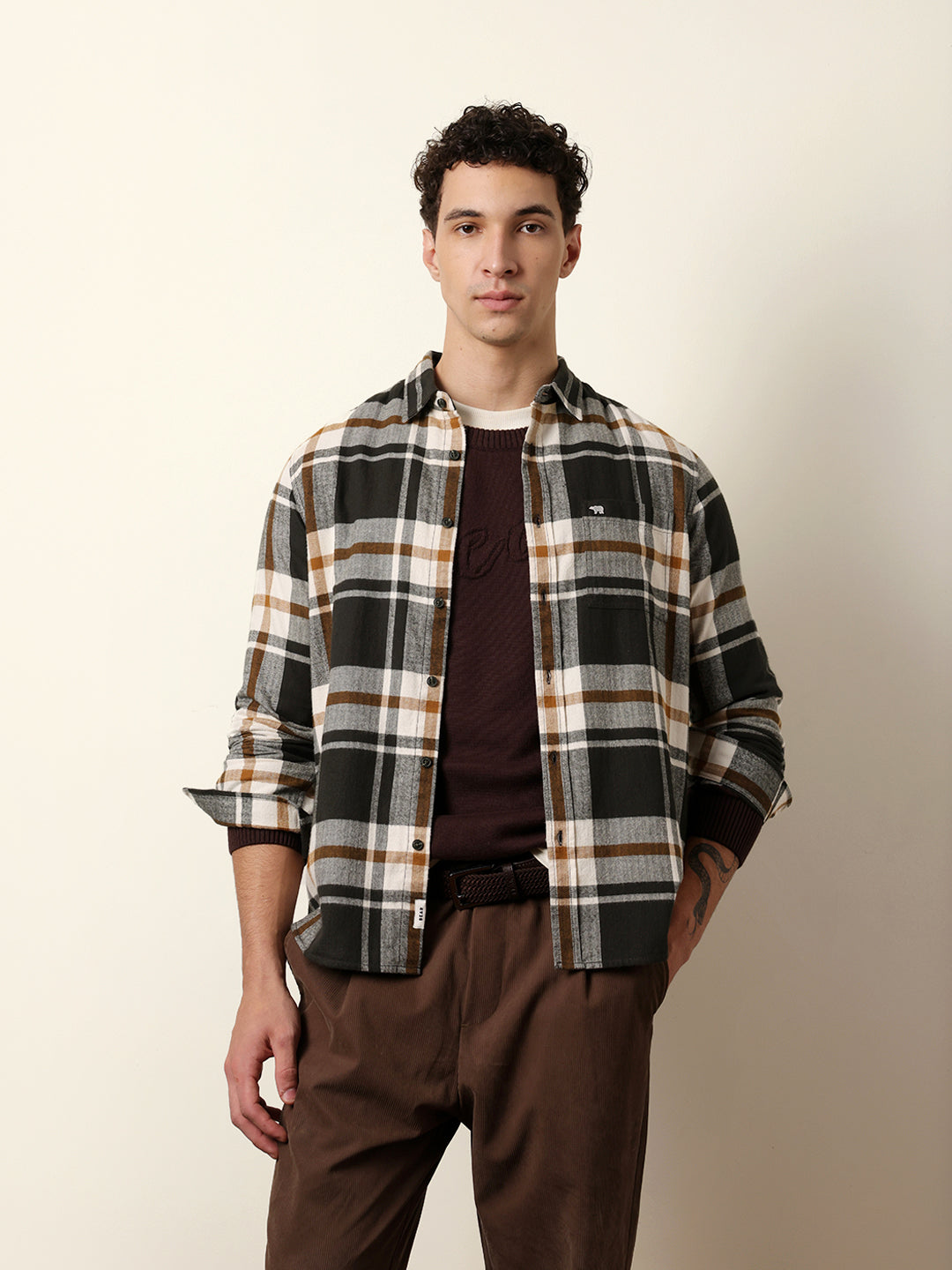 Multicolor Herringbone Flannel Checked Regular Fit Casual Shirt