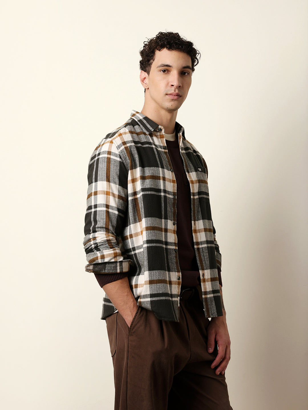 Multicolor Herringbone Flannel Checked Regular Fit Casual Shirt