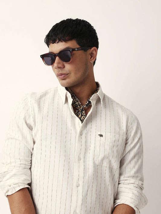 White Vertical Striped Slim Fit Casual Shirt with Textured Stitch Detailing