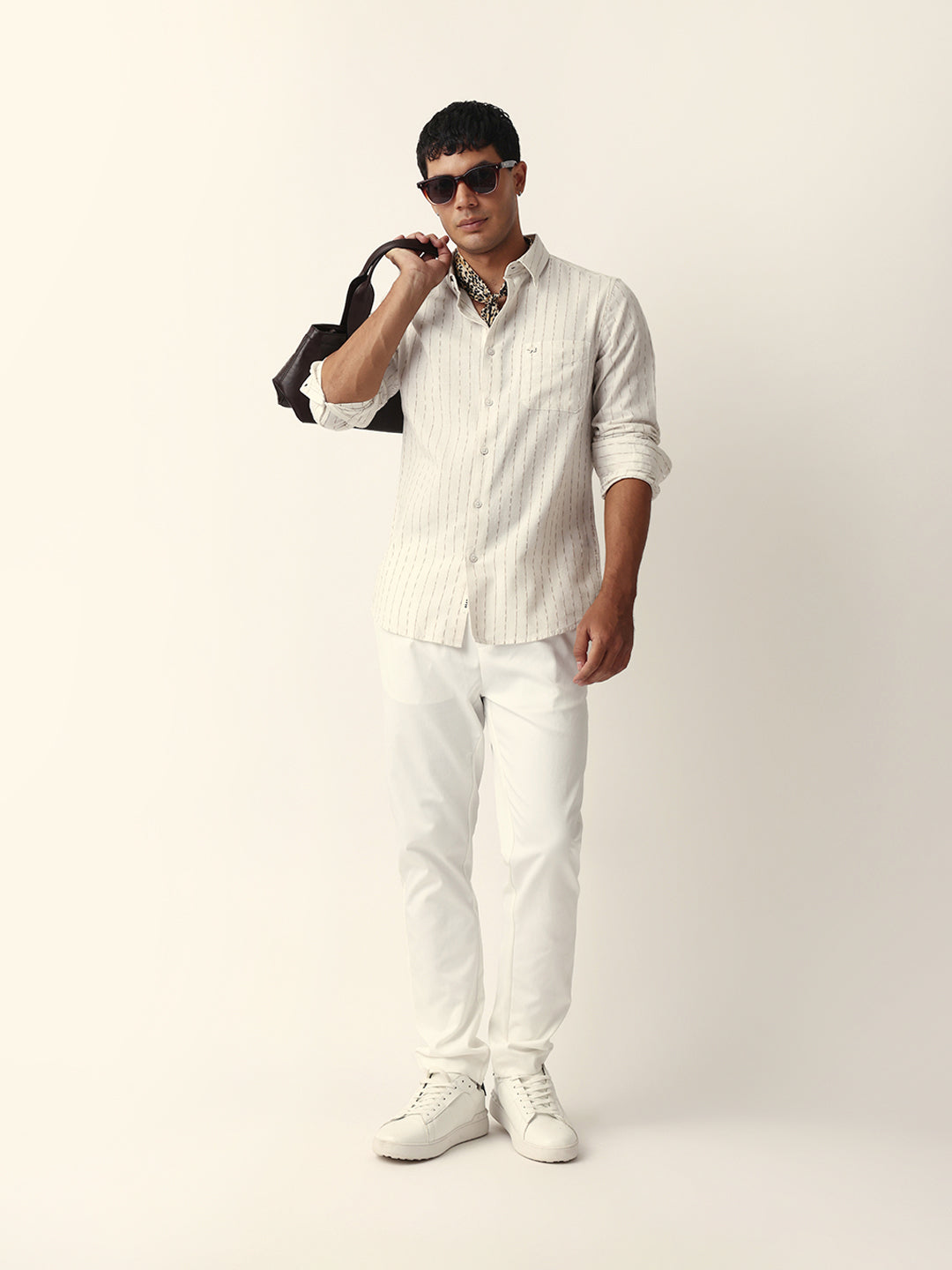 White Vertical Striped Slim Fit Casual Shirt with Textured Stitch Detailing