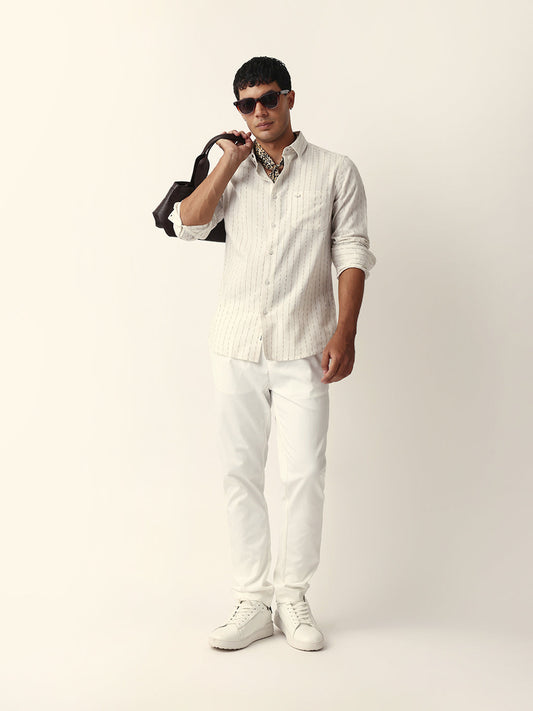 White Vertical Striped Slim Fit Casual Shirt with Textured Stitch Detailing