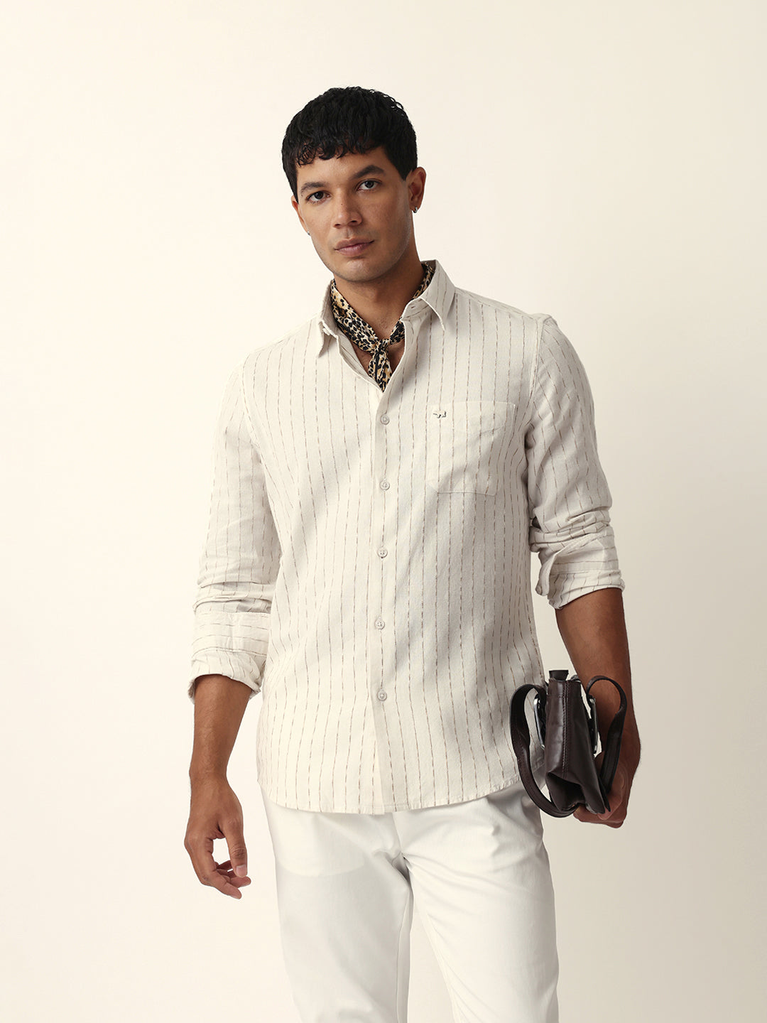 White Vertical Striped Slim Fit Casual Shirt with Textured Stitch Detailing
