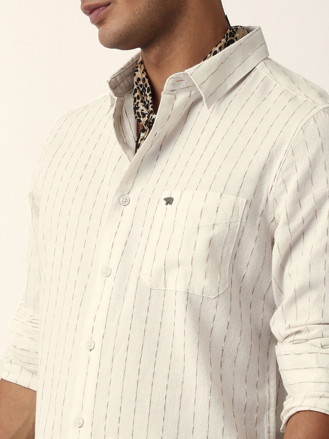 White Vertical Striped Slim Fit Casual Shirt with Textured Stitch Detailing