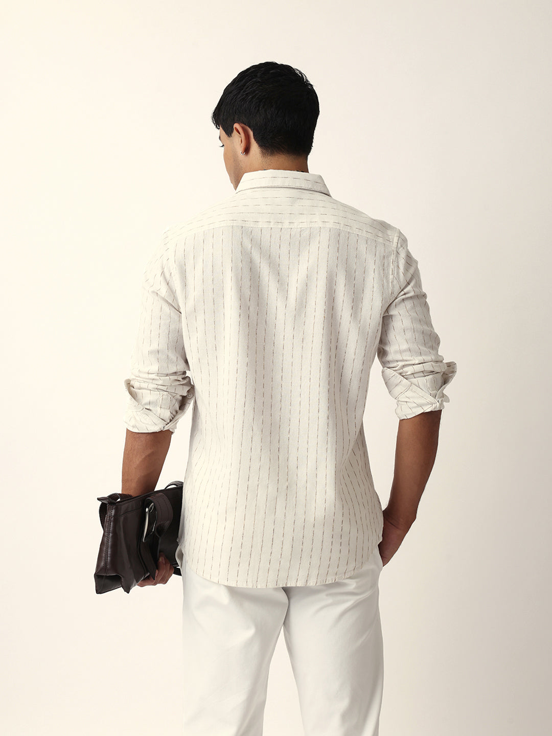 White Vertical Striped Slim Fit Casual Shirt with Textured Stitch Detailing