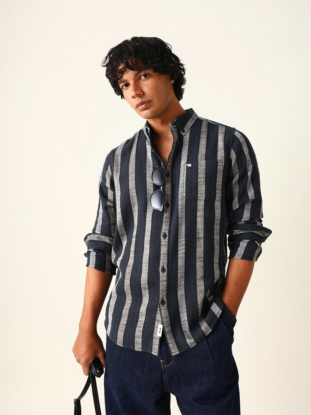 Black Woven Vertical Stripes Slim Fit Casual Shirt