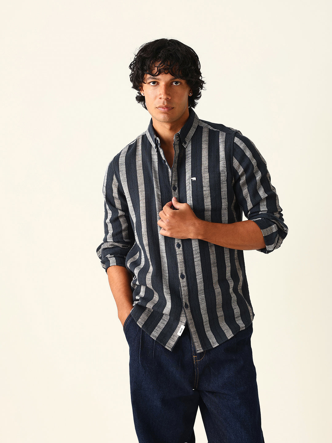 Black Woven Vertical Stripes Slim Fit Casual Shirt