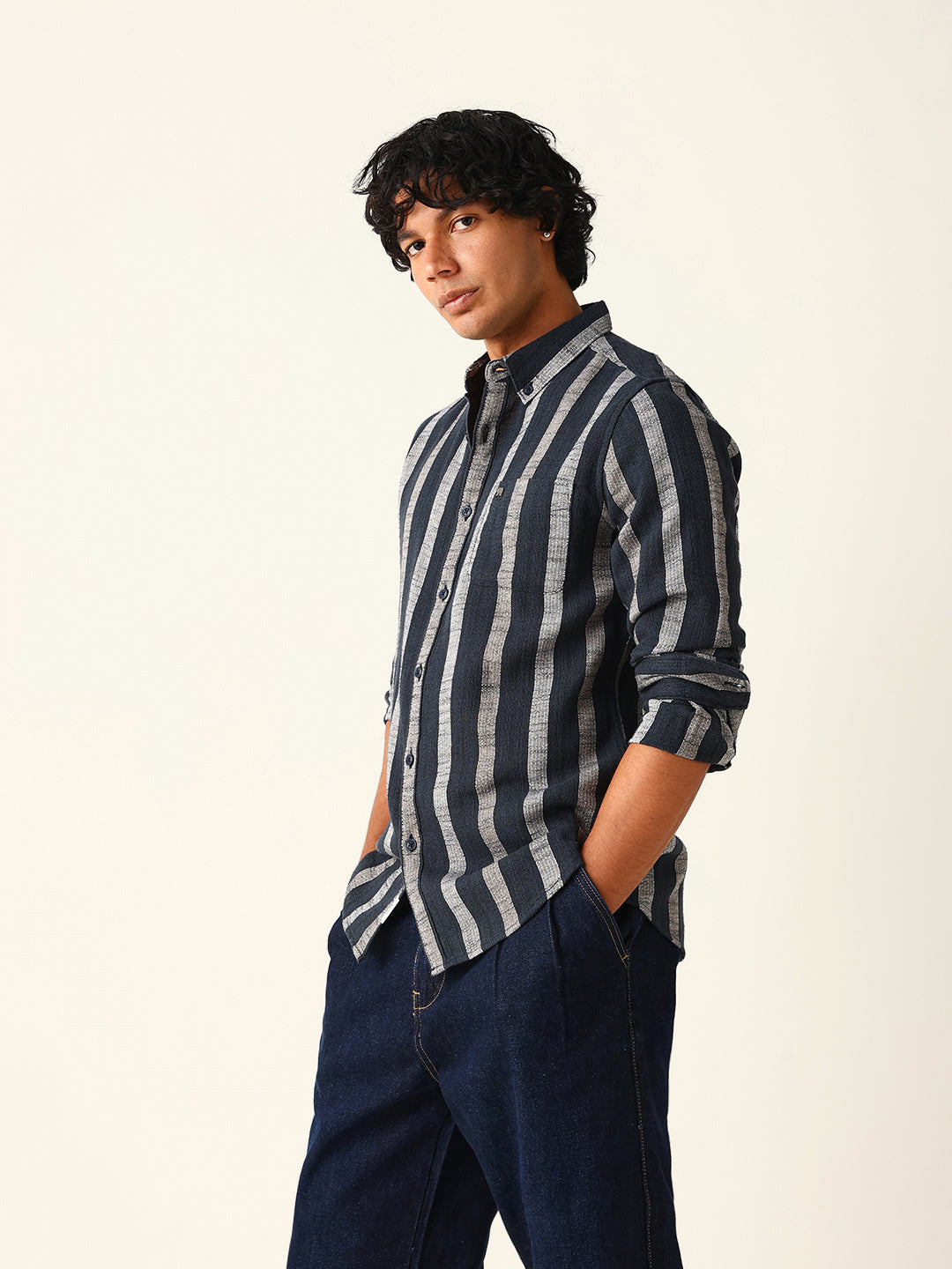 Black Woven Vertical Stripes Slim Fit Casual Shirt