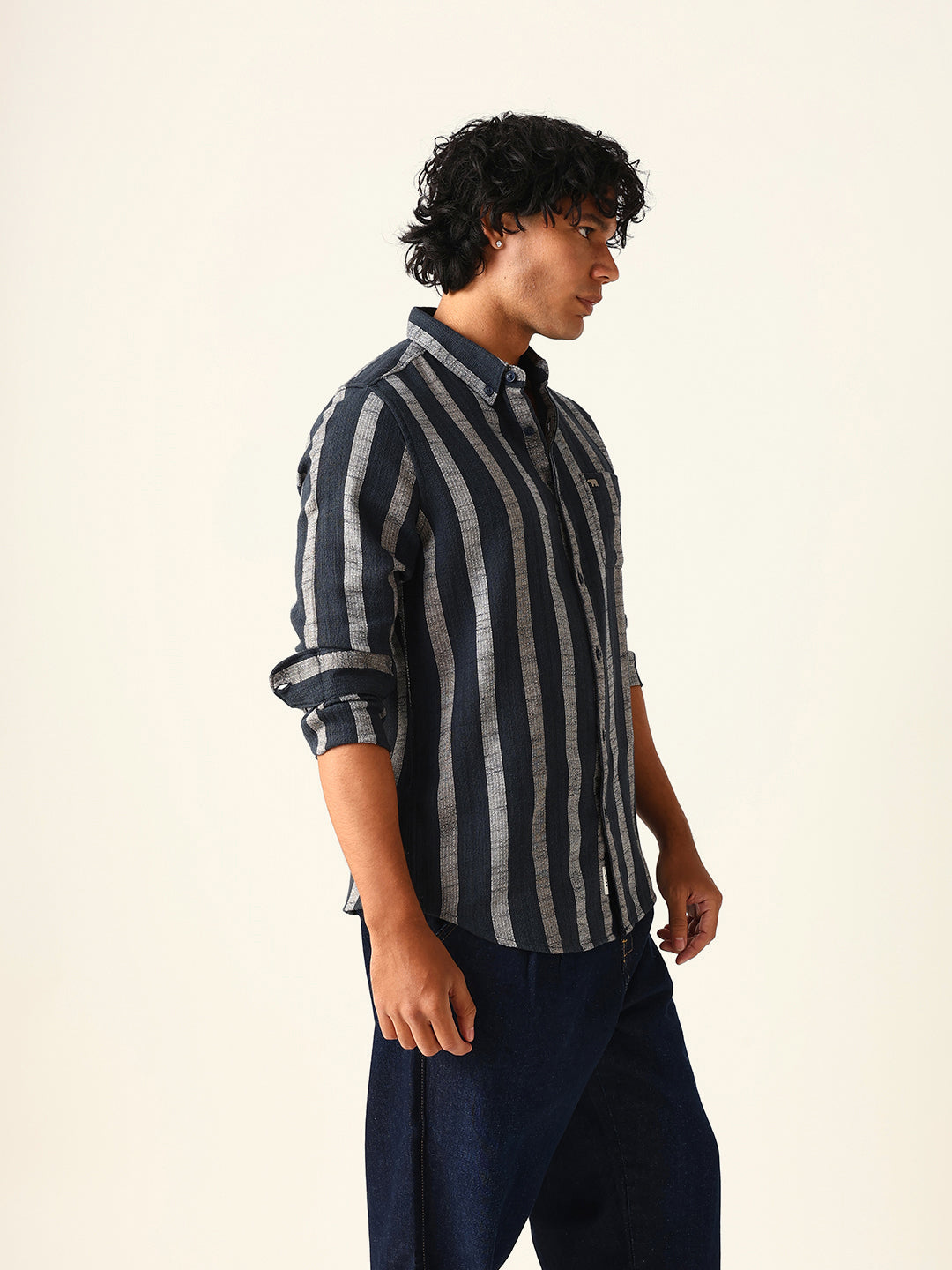 Black Woven Vertical Stripes Slim Fit Casual Shirt