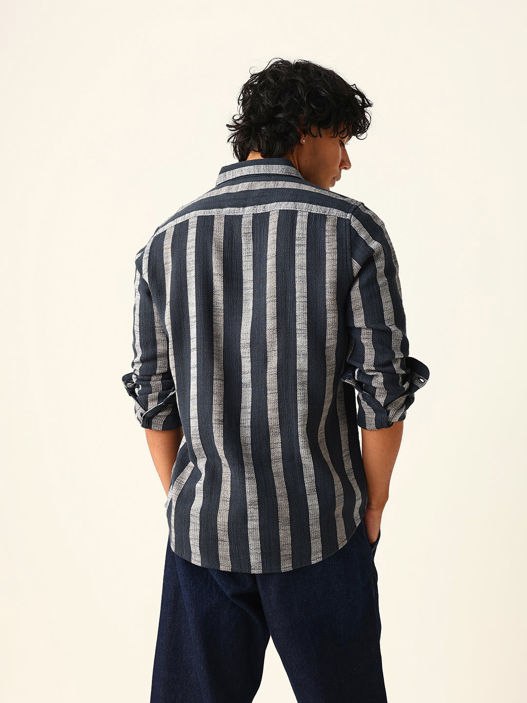 Black Woven Vertical Stripes Slim Fit Casual Shirt