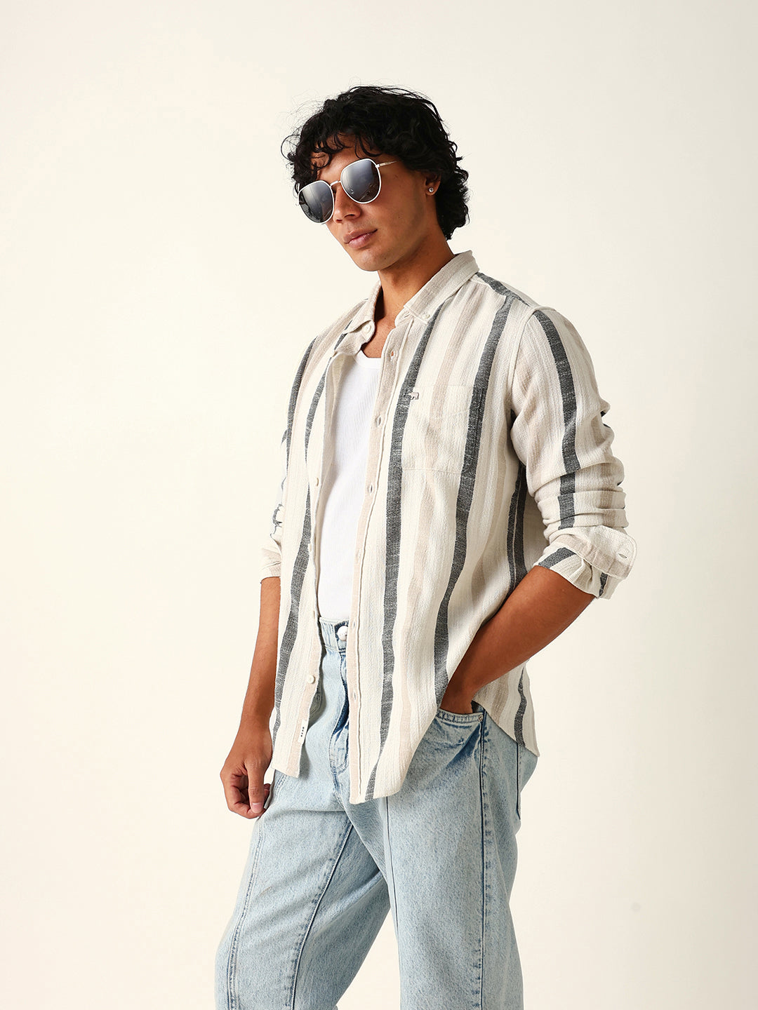 Cream Woven Vertical Stripes Slim Fit Casual Shirt