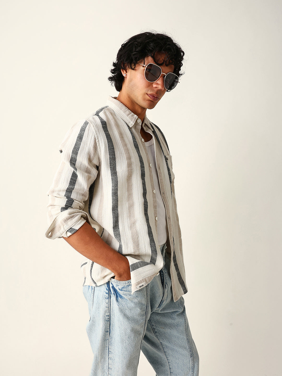 Cream Woven Vertical Stripes Slim Fit Casual Shirt