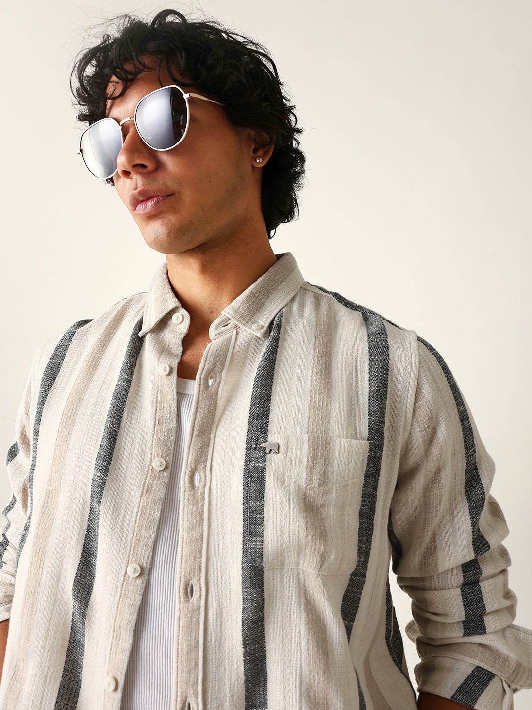 Cream Woven Vertical Stripes Slim Fit Casual Shirt
