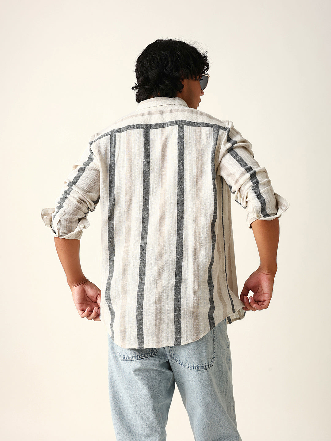 Cream Woven Vertical Stripes Slim Fit Casual Shirt