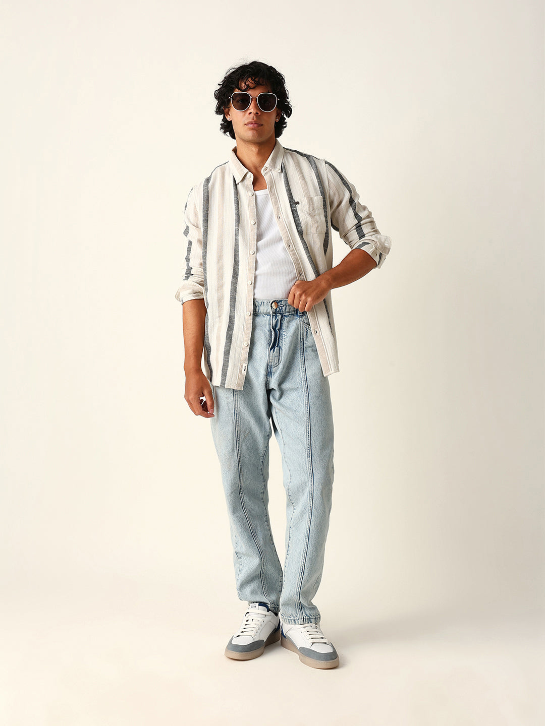 Cream Woven Vertical Stripes Slim Fit Casual Shirt