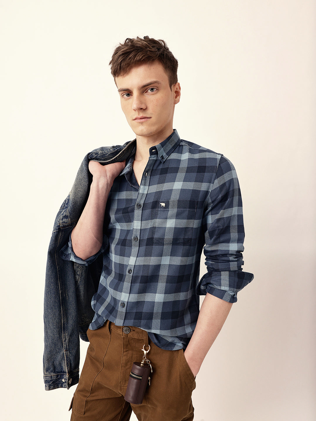 Blue Woven Tartan Checked Slim Fit Casual Shirt