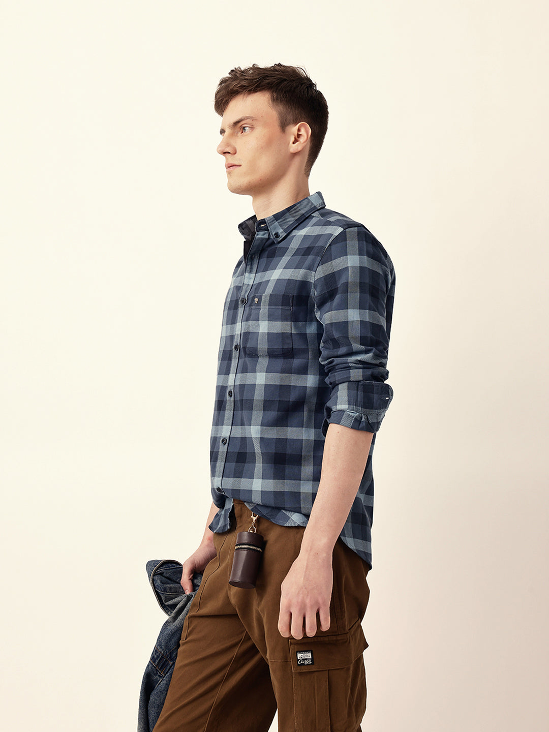 Blue Woven Tartan Checked Slim Fit Casual Shirt