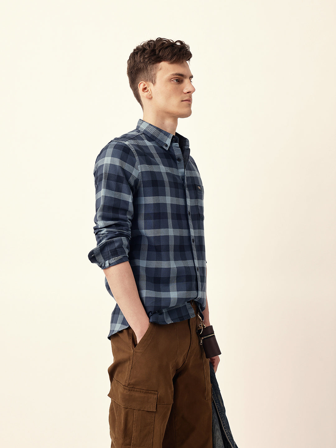 Blue Woven Tartan Checked Slim Fit Casual Shirt