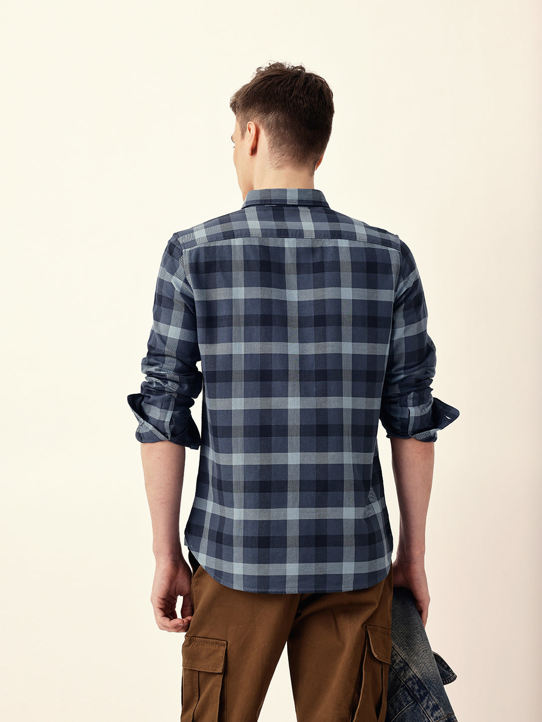 Blue Woven Tartan Checked Slim Fit Casual Shirt