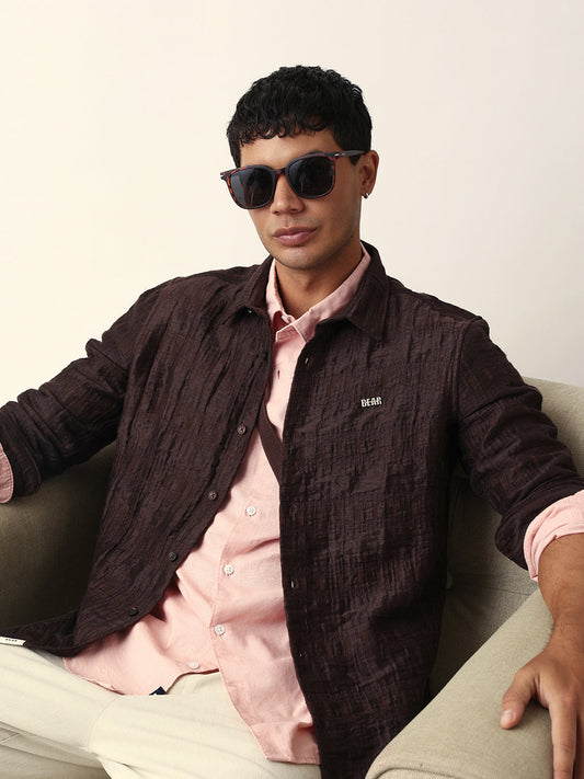 Brown Textured Woven Self-Design Slim Fit Casual Shirt