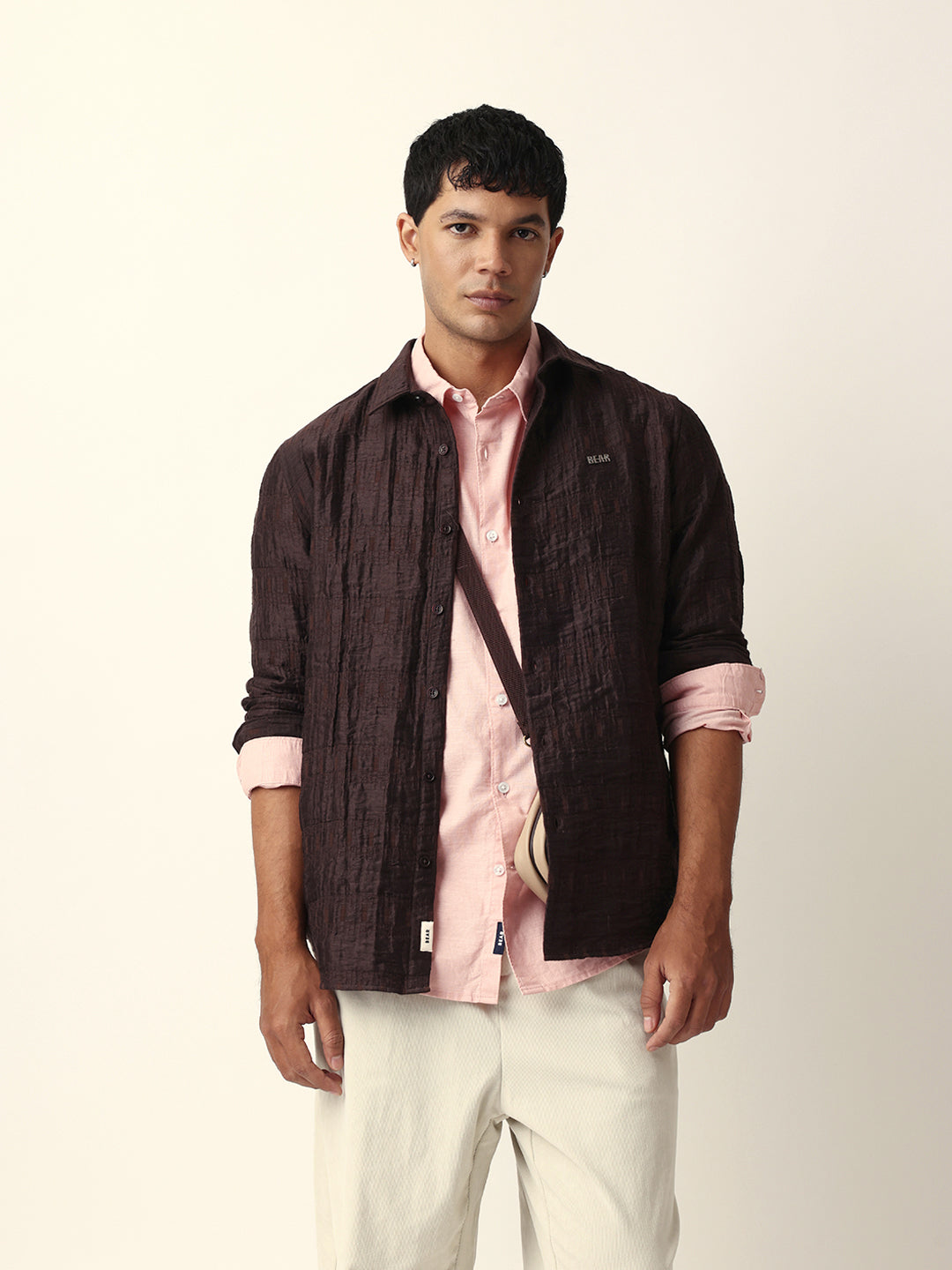 Brown Textured Woven Self-Design Slim Fit Casual Shirt